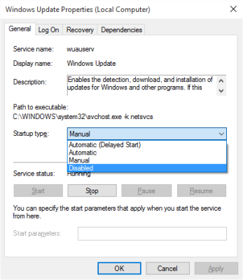 Fig 2 - Turn off Windows Update in Windows 10